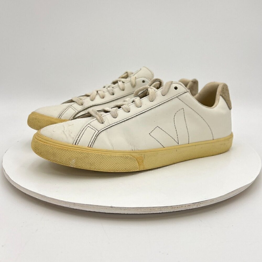 Veja Esplar Women Size 7 Extra White Leather V stitch Logo Lace Up Training Shoe